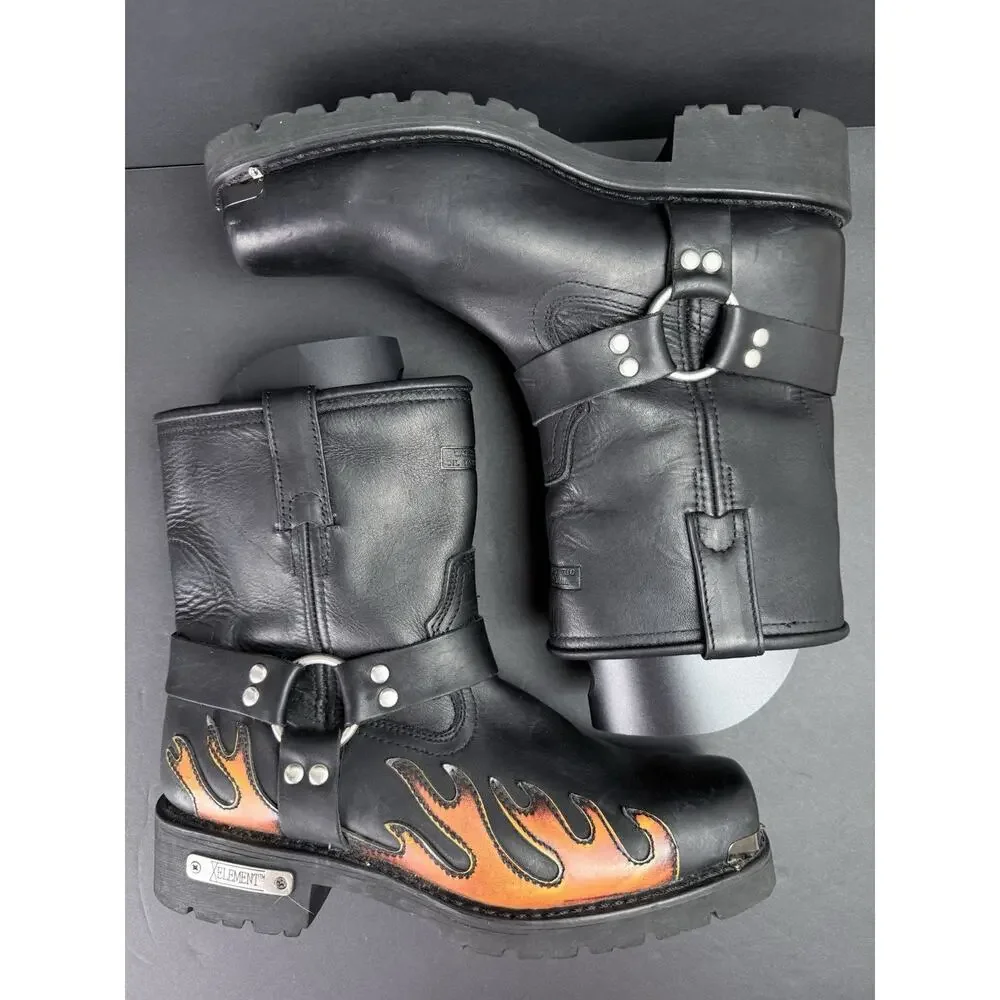 Xelement Men’s Motorcycle Harness Boots Black Leather Flame Biker Size 11M